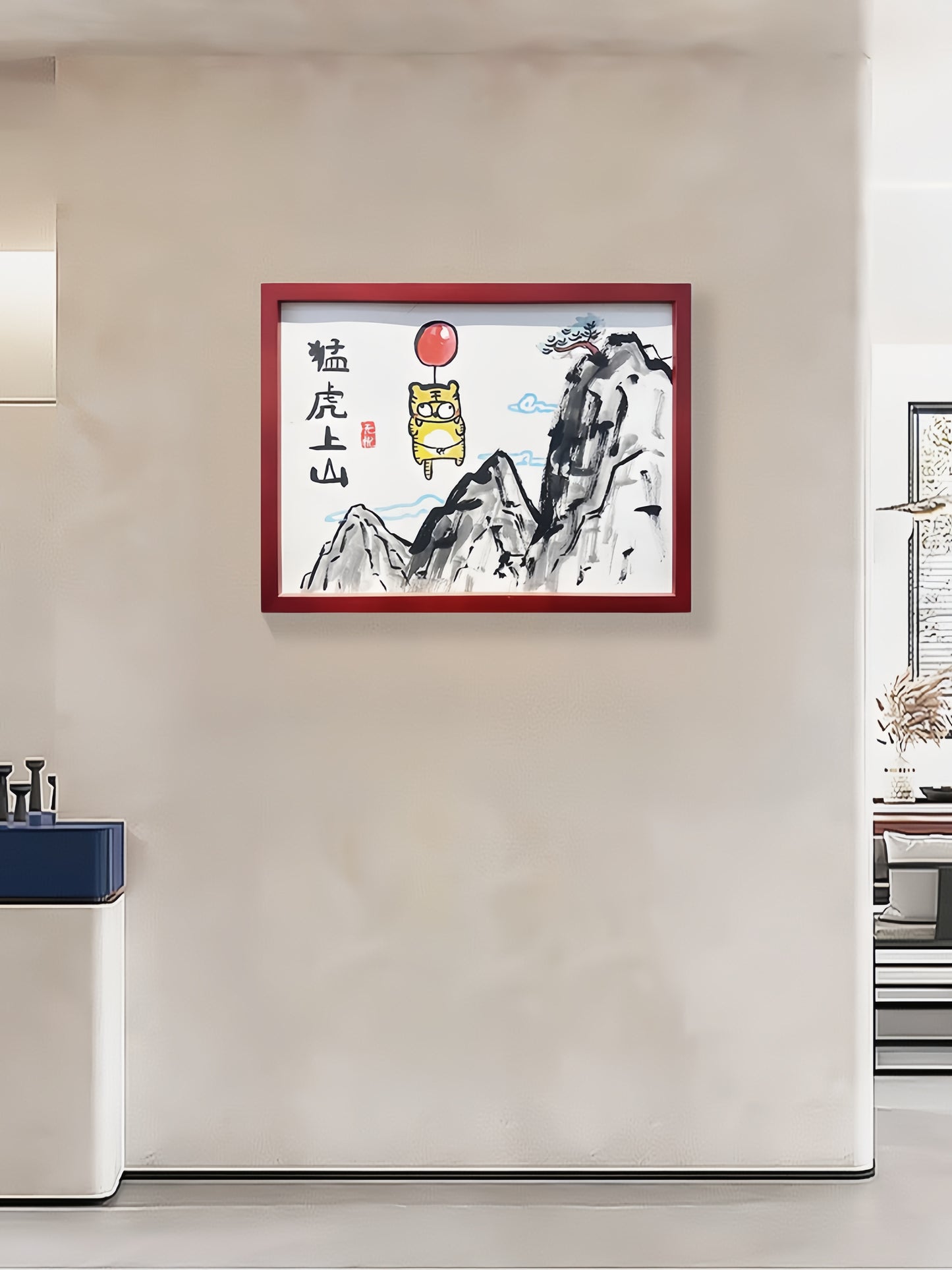 Tiger Climbing the Mountain, Hand-painted by the master,  Include picture frame （free shipping by air）